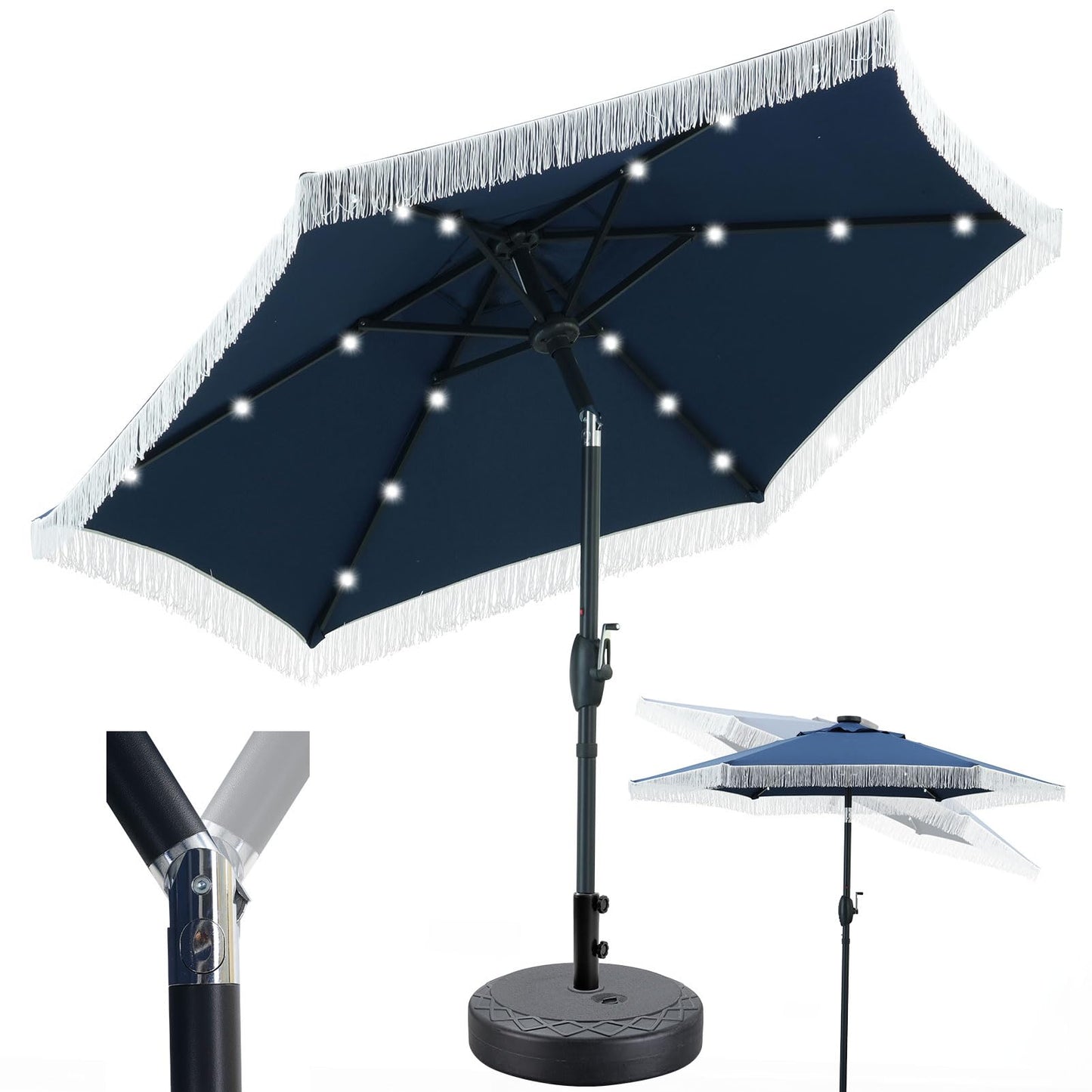 GDY 7.5ft Tassel Patio Umbrella and Matching Base, Outdoor Table Umbrella with 18 LED Lights,Market Umbrella with 6 Sturdy Ribs, with Push Button Tilt and Crank, Bright White