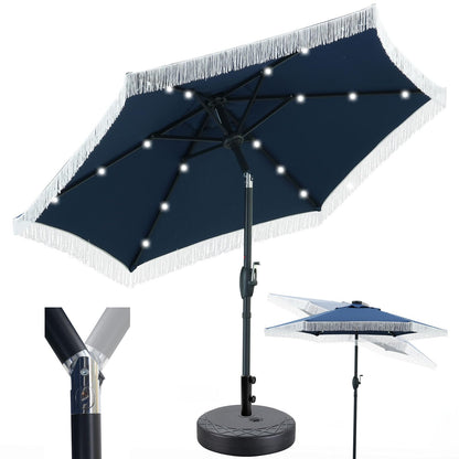 GDY 7.5ft Tassel Patio Umbrella and Matching Base, Outdoor Table Umbrella with 18 LED Lights,Market Umbrella with 6 Sturdy Ribs, with Push Button Tilt and Crank, Bright White