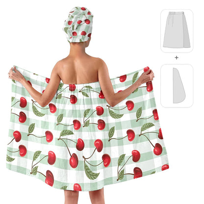 Strawberry Print Bath Wrap and Hair Drying Towel Set – Microfiber Quick Dry Shower Body Wrap for Women, Absorbent Spa Skirt with Elastic Band and Cute Bow Design (Strawberry 1)