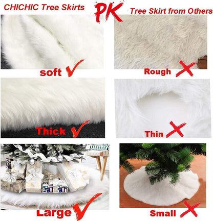 CHICHIC 60 inch Christmas Tree Skirt Faux Fur Xmas Tree Skirt Christmas Decorations Holiday Tree Ornaments Tree Decoration for Christmas Home Decorations, Xmas Party Holiday Decorations, Snow White