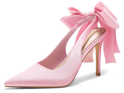 Coutgo Womens Slingback High Heels with Bow Closed Pointed Toe Wedding Bride Dress Shoes Satin Pumps
