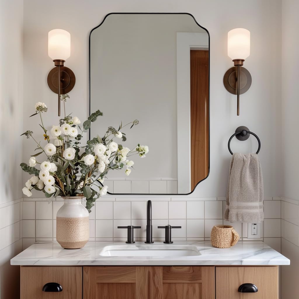 ANDY STAR Unique Rectangle Wall Mirror, 24"x32" Black Mirror, Modern Mirror with Aesthetic Scalloped Edge Design Ideal for Bathroom, Bedroom or Entryway, Thin Frame Deep 1’’