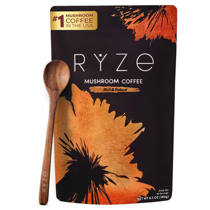 RYZE SUPERFOODS Mushroom Medium Roast Coffee USDA Organic with 6 Adaptogenic Mushrooms, USA Grown Instant Coffee for Better Energy, Focus Digestion Immunity with Lions Mane & Turkey Tail 30. Pack of 1