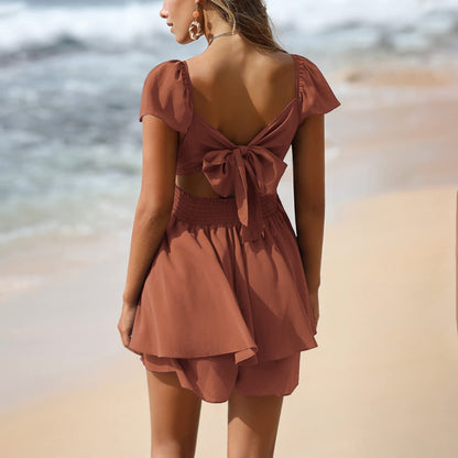 Exlura Women's Summer Ruffle Short Sleeve Tie Back Romper Dress Square Neck a Line Cute Dressy Short Jumpsuits