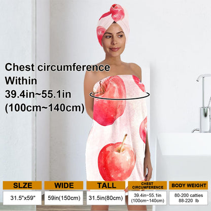 Strawberry Print Bath Wrap and Hair Drying Towel Set – Microfiber Quick Dry Shower Body Wrap for Women, Absorbent Spa Skirt with Elastic Band and Cute Bow Design (Strawberry 1)