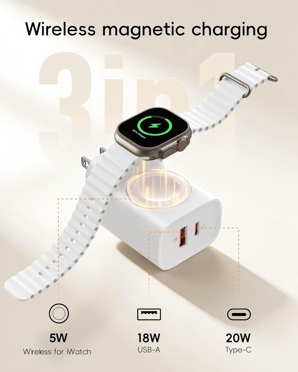 VRURC Fast Charger for Apple Watch, Built-in Wireless Magnetic Charging Station for iWatch SE/11/10/9/8/7/6/5/4, PD 20W USB C Charging Block, Foldable Wall Charger for iPhone 17/16/15/14/13-White