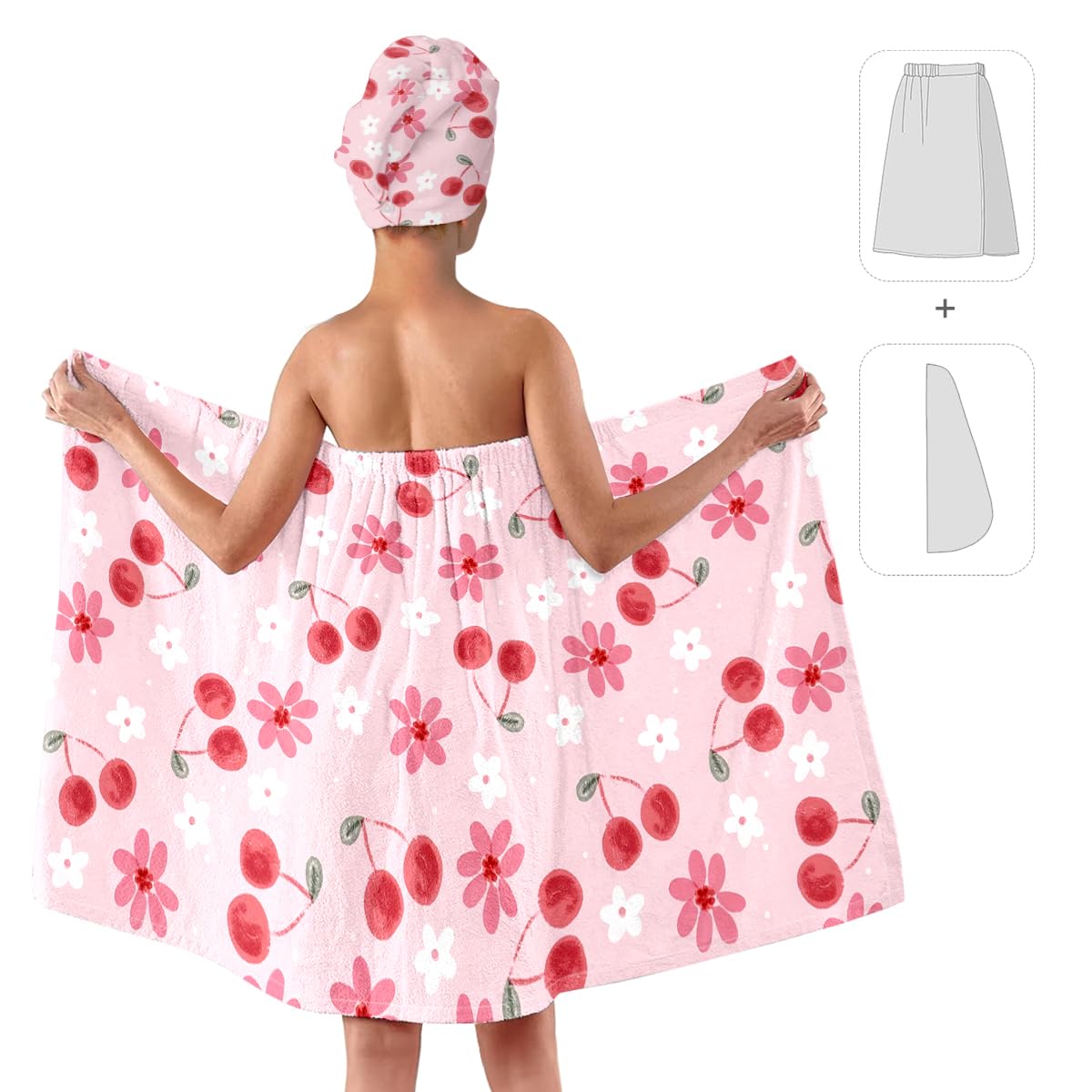 Strawberry Print Bath Wrap and Hair Drying Towel Set – Microfiber Quick Dry Shower Body Wrap for Women, Absorbent Spa Skirt with Elastic Band and Cute Bow Design (Strawberry 1)