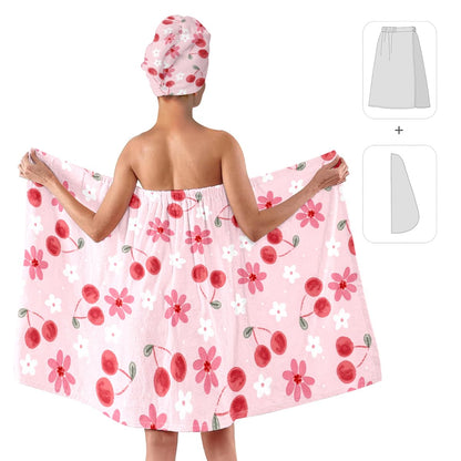 Strawberry Print Bath Wrap and Hair Drying Towel Set – Microfiber Quick Dry Shower Body Wrap for Women, Absorbent Spa Skirt with Elastic Band and Cute Bow Design (Strawberry 1)