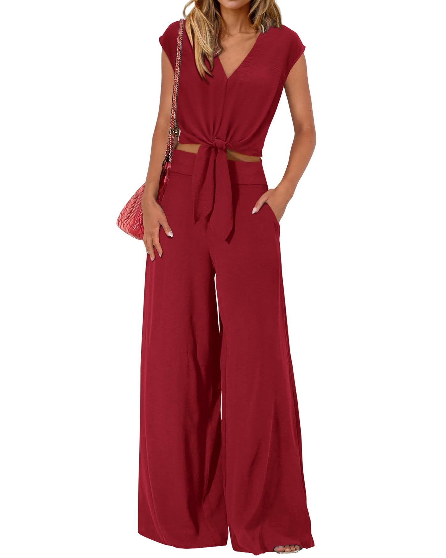 PRETTYGARDEN Women's Summer 2 Piece Outfits 2026 Cap Sleeve V Neck Belted Crop Tops Wide Leg Pant Sets Casual Tracksuit