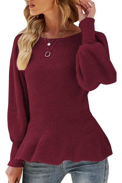 Womens Fall Puff Sleeve Peplum Casual Slim Fit Knit Pullover Sweater