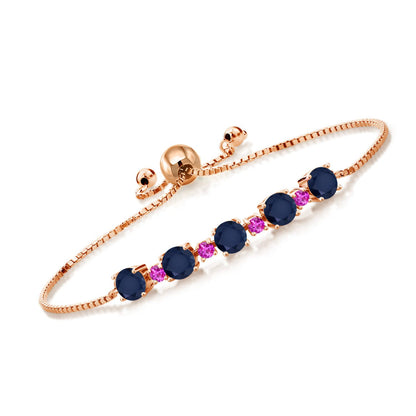 Gem Stone King Gemstone Birthstone and Pink Sapphire Tennis Bracelet 18K Rose Gold Plated Silver | Round 5MM and 2.5MM | Adjustable Bolo Design | Easy-On Easy-Off