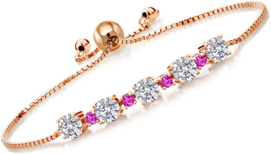 Gem Stone King Gemstone Birthstone and Pink Sapphire Tennis Bracelet 18K Rose Gold Plated Silver | Round 5MM and 2.5MM | Adjustable Bolo Design | Easy-On Easy-Off