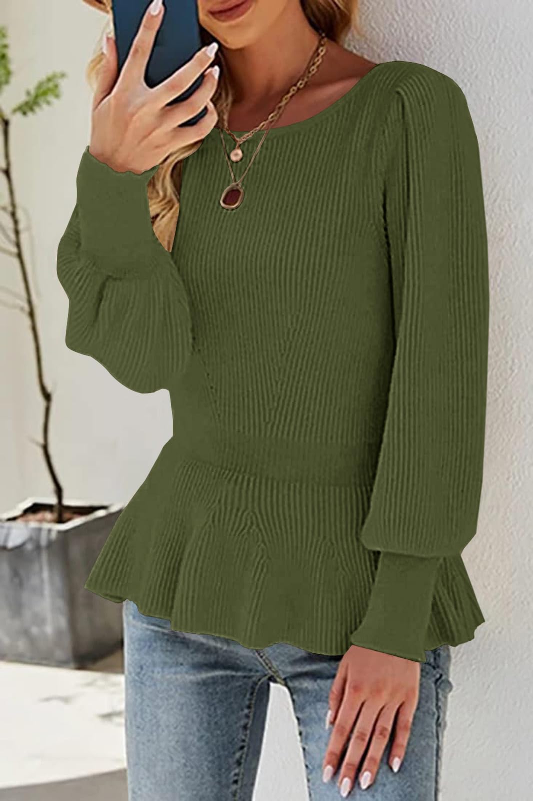 Womens Fall Puff Sleeve Peplum Casual Slim Fit Knit Pullover Sweater