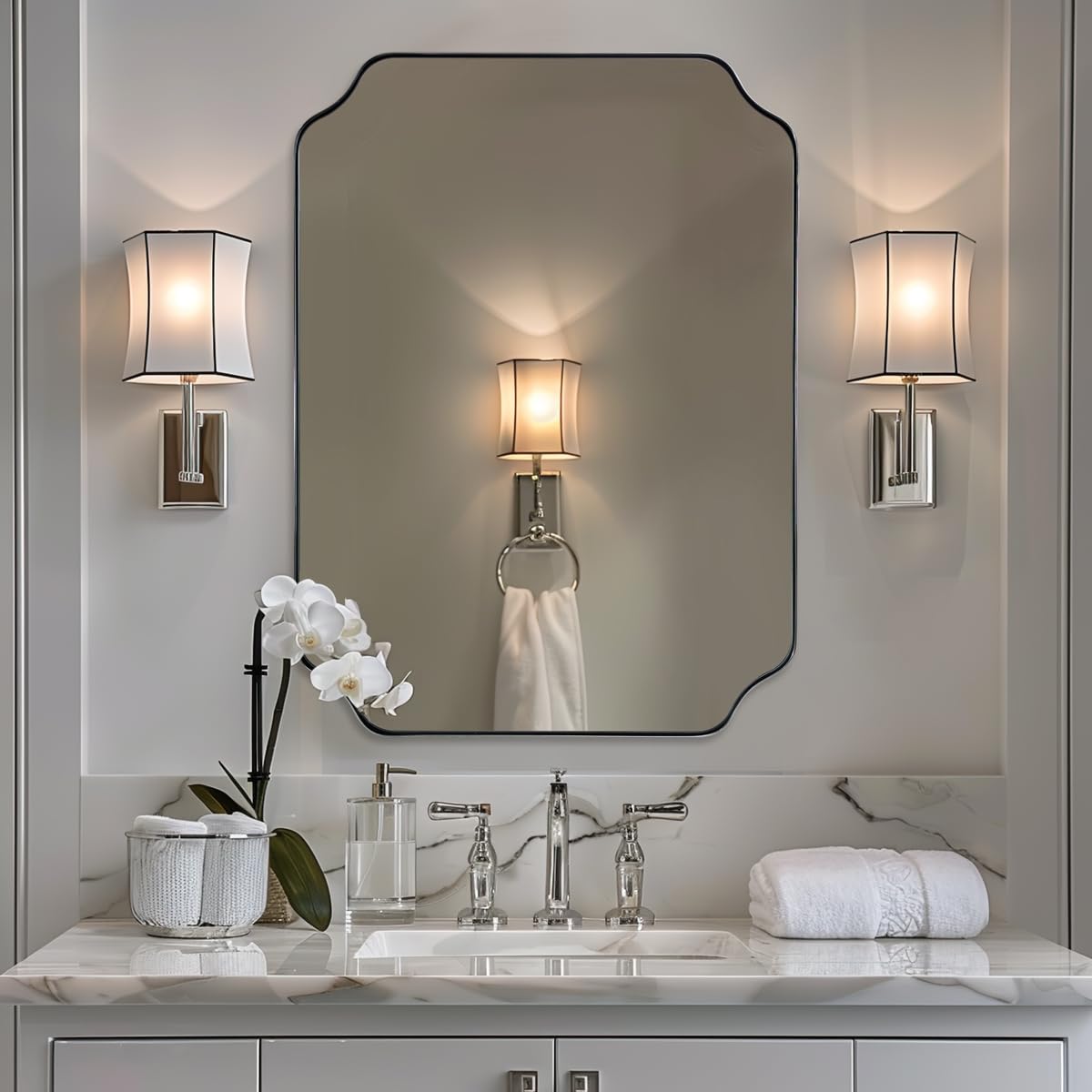 ANDY STAR Unique Rectangle Wall Mirror, 24"x32" Black Mirror, Modern Mirror with Aesthetic Scalloped Edge Design Ideal for Bathroom, Bedroom or Entryway, Thin Frame Deep 1’’
