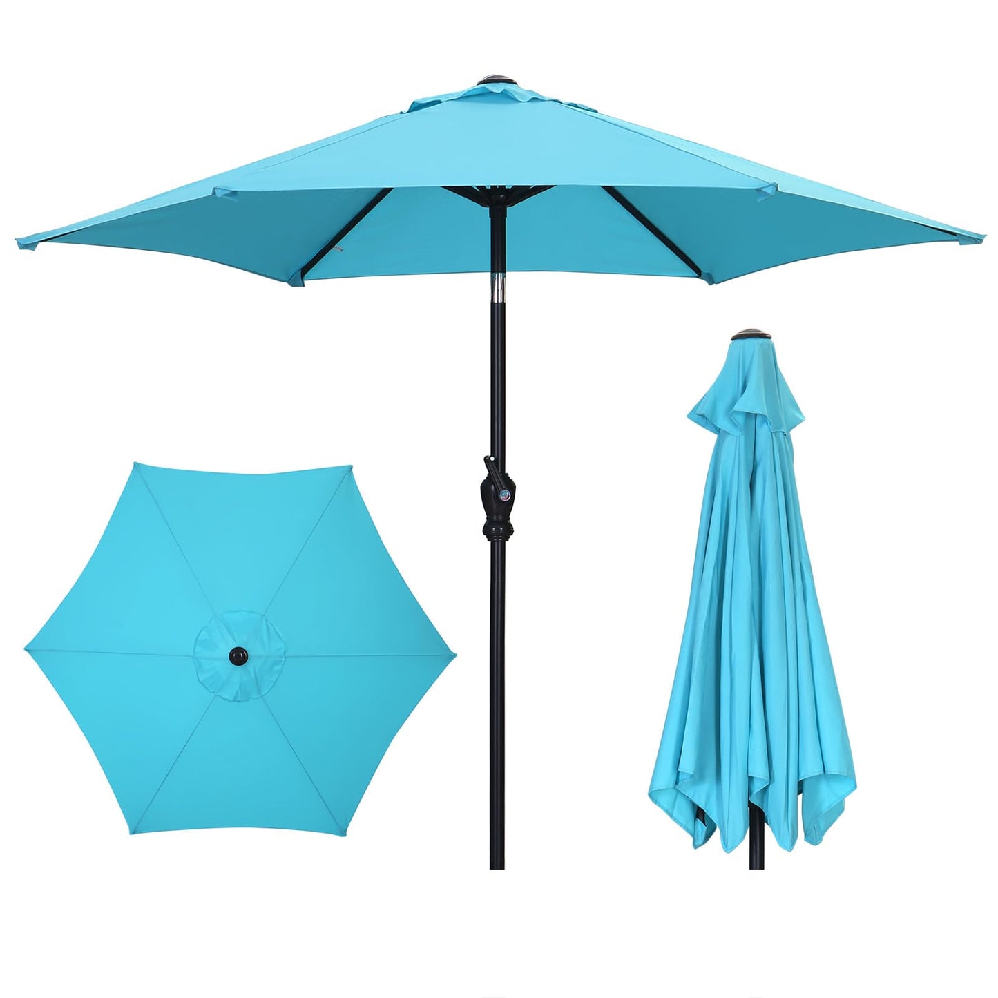 GDY 7.5ft Tassel Patio Umbrella and Matching Base, Outdoor Table Umbrella with 18 LED Lights,Market Umbrella with 6 Sturdy Ribs, with Push Button Tilt and Crank, Bright White