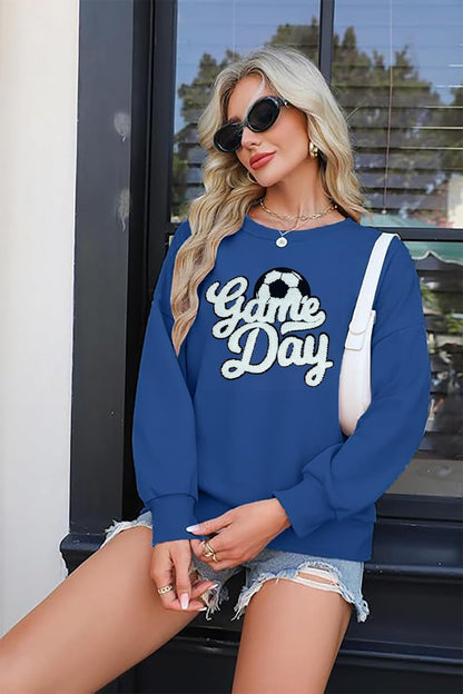 Game Day Soccer Sweatshirt Women Soccer Season Chenille Patch Pullover Top Causal Long Sleeve Football Top