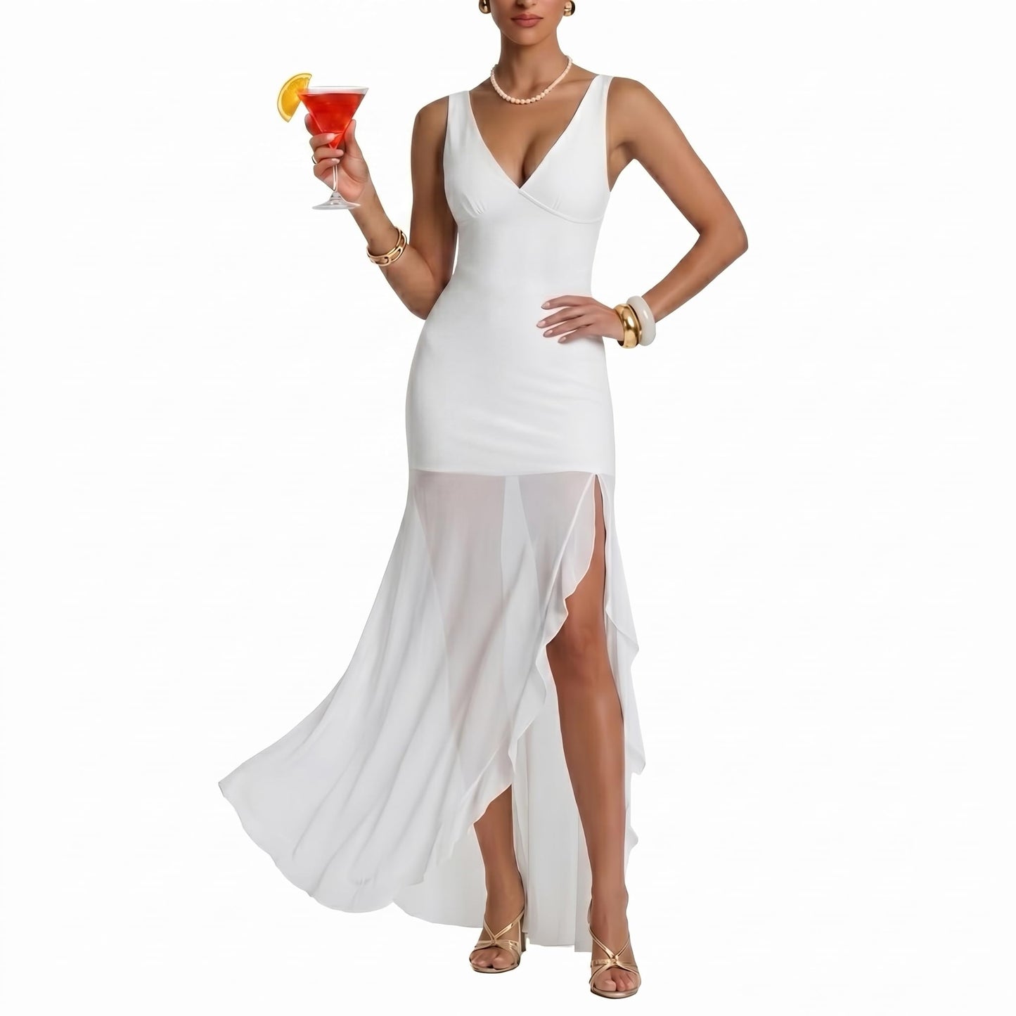 Summer V Neck Mesh Bodycon Maxi