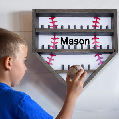 Personalized Wooden Baseball Display Holder - Custom Name Balls, Championship Ring, Wall Mount, Father's Day, Birthday (Black)