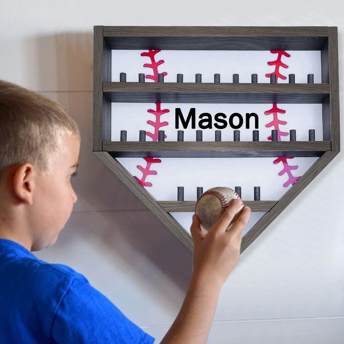 Personalized Wooden Baseball Display Holder - Custom Name Balls, Championship Ring, Wall Mount, Father's Day, Birthday (Black)