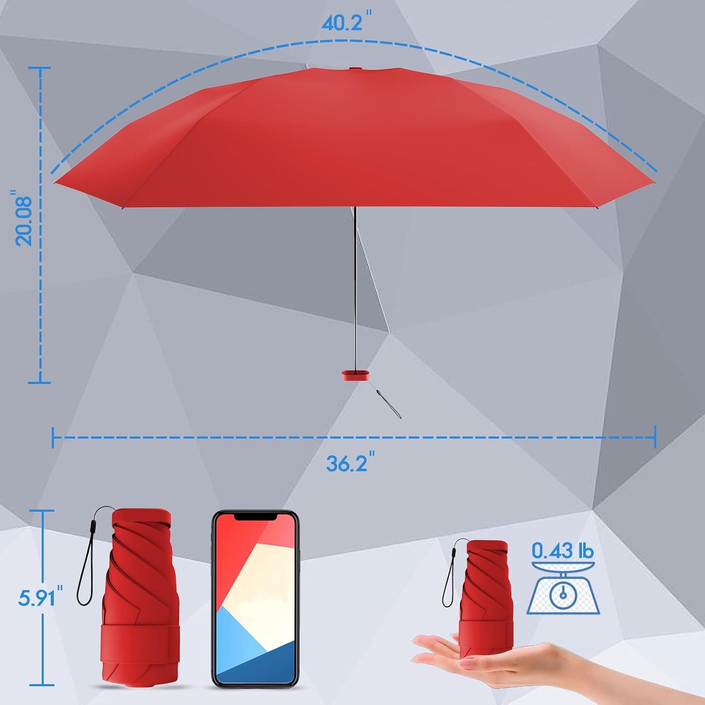 Mini Travel Umbrella, Upf 50+ Compact Fits in Purse | Eco-Friendly Recycled Fabric, Rain & UV Protection.portable Umbrella with Leather Case