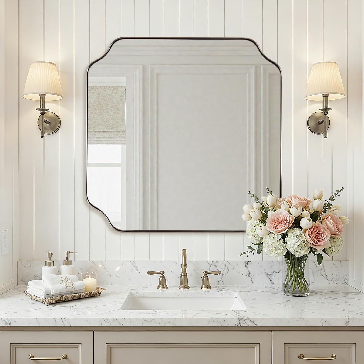 ANDY STAR Unique Rectangle Wall Mirror, 24"x32" Black Mirror, Modern Mirror with Aesthetic Scalloped Edge Design Ideal for Bathroom, Bedroom or Entryway, Thin Frame Deep 1’’