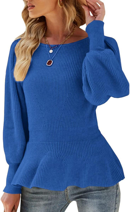 Womens Fall Puff Sleeve Peplum Casual Slim Fit Knit Pullover Sweater