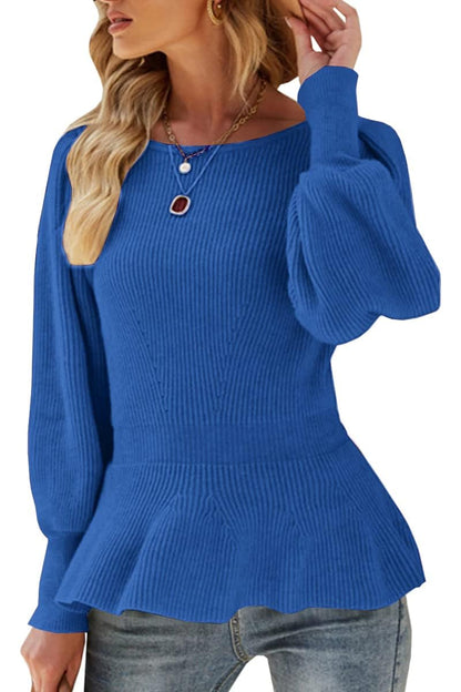 Womens Fall Puff Sleeve Peplum Casual Slim Fit Knit Pullover Sweater