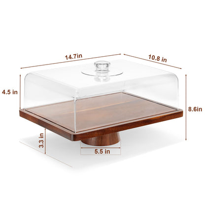 HouseJoy Acacia Wood Cake Stand with Lid-Extra Large 17" Rectangular Cake Holder,2-in-1 Dessert Table Display Set & Charcuterie Board,Acrylic Cake Dome Cover for Cheese/Veggie/Desert /Chips & Dip