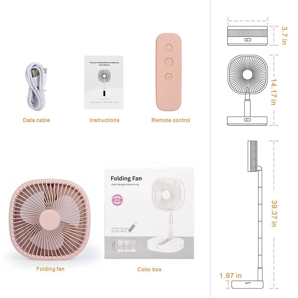 Magesh Portable Pedestal Fan - Foldaway Standing Fan Foldable Desk Fan, Use 7200Mah Rechargeable Battery, Remote Control Telescopic 4 Speed Quiet Timer Fan for Home Kitchen Outdoor Camping (Pink)