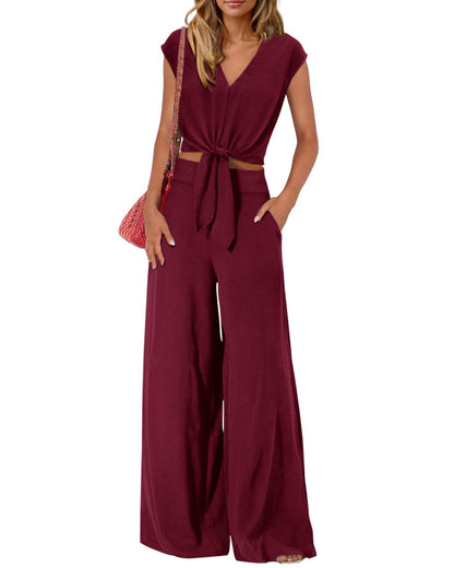 PRETTYGARDEN Women's Summer 2 Piece Outfits 2026 Cap Sleeve V Neck Belted Crop Tops Wide Leg Pant Sets Casual Tracksuit