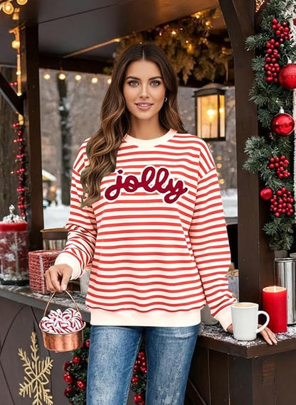 Christmas Sweatshirts For Women Jolly Glitter Patch Striped Sweater