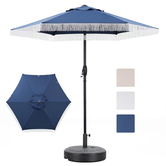 GDY 7.5ft Tassel Patio Umbrella and Matching Base, Outdoor Table Umbrella with 18 LED Lights,Market Umbrella with 6 Sturdy Ribs, with Push Button Tilt and Crank, Bright White