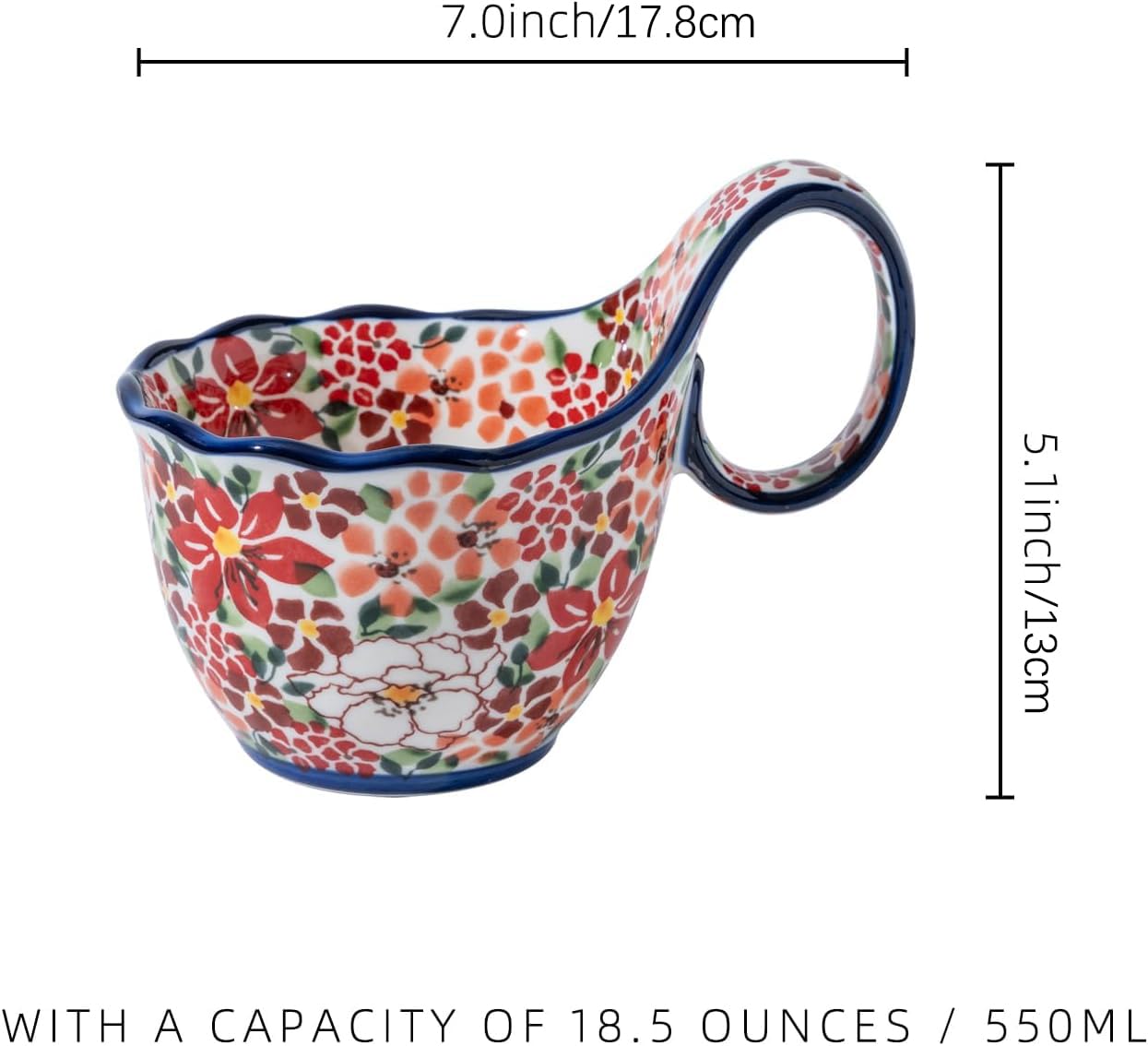 ALMA Handpainted Microwavable Soup Bowl with Loop Handle 18.6oz, Cereal Bowl With Handle Great for Berry, Fruits, Chili, Stew, Ice cream,Floral Soup Mug for Women