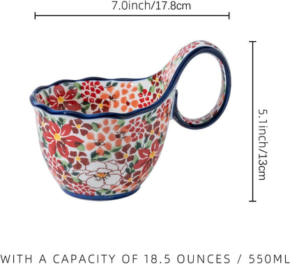 ALMA Handpainted Microwavable Soup Bowl with Loop Handle 18.6oz, Cereal Bowl With Handle Great for Berry, Fruits, Chili, Stew, Ice cream,Floral Soup Mug for Women