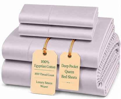 100% Egyptian Cotton Sheets King Size Sheets Set with Fully Elasticated 15" Deep Fitted Sheet & Pillowcase Sets, 800TC Sateen Weave Hotel Collection King Sheet Set, Soft Luxury White Bedding