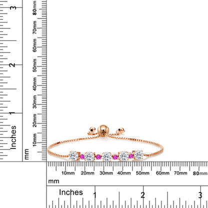Gem Stone King Gemstone Birthstone and Pink Sapphire Tennis Bracelet 18K Rose Gold Plated Silver | Round 5MM and 2.5MM | Adjustable Bolo Design | Easy-On Easy-Off