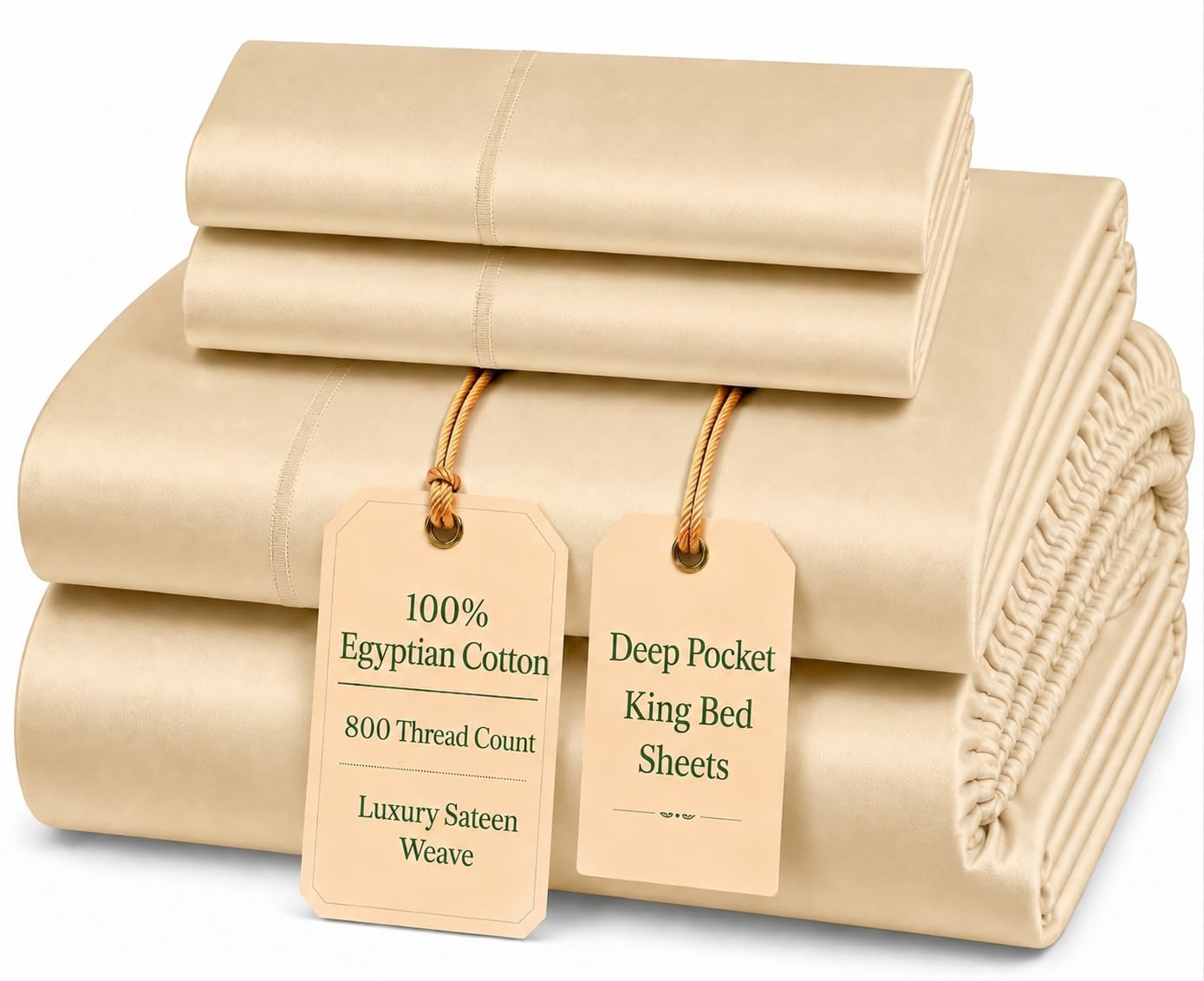 100% Egyptian Cotton Sheets King Size Sheets Set with Fully Elasticated 15" Deep Fitted Sheet & Pillowcase Sets, 800TC Sateen Weave Hotel Collection King Sheet Set, Soft Luxury White Bedding