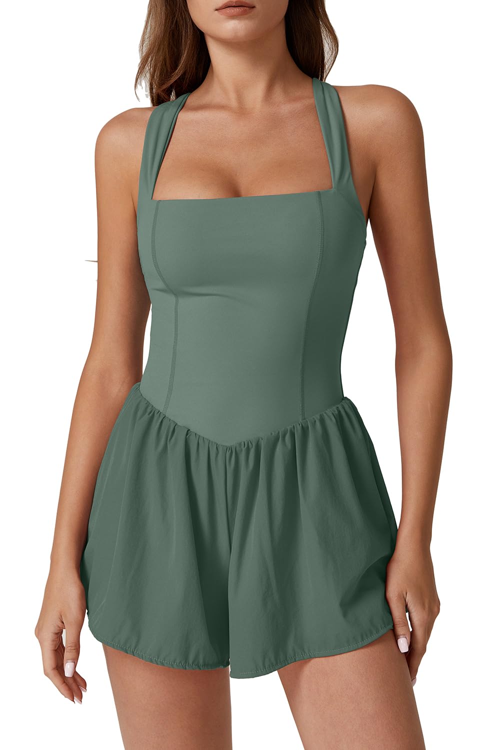 QINSEN Women's Square Neck Sleeveless Romper Jumpsuit