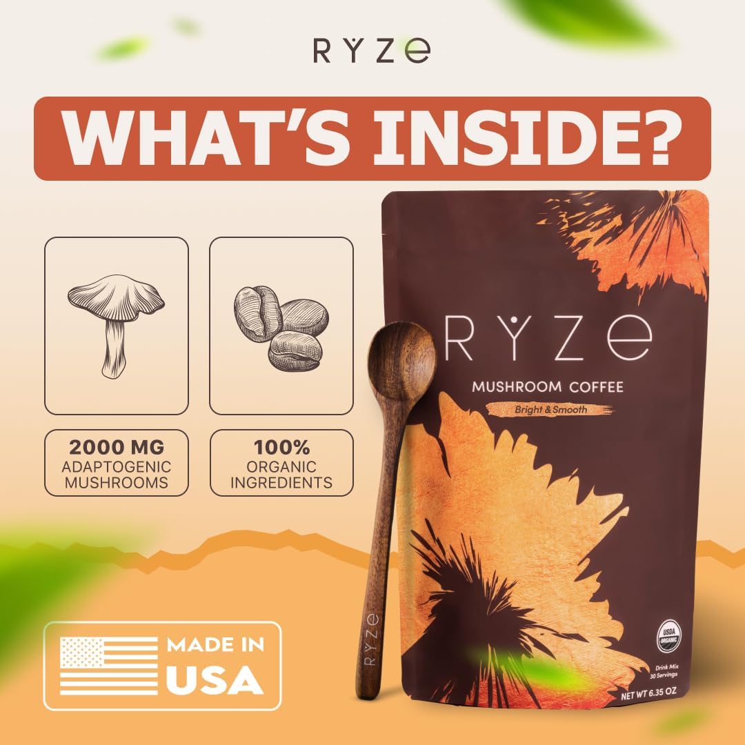 RYZE SUPERFOODS Mushroom Medium Roast Coffee USDA Organic with 6 Adaptogenic Mushrooms, USA Grown Instant Coffee for Better Energy, Focus Digestion Immunity with Lions Mane & Turkey Tail 30. Pack of 1