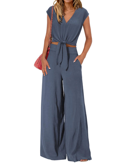 PRETTYGARDEN Women's Summer 2 Piece Outfits 2026 Cap Sleeve V Neck Belted Crop Tops Wide Leg Pant Sets Casual Tracksuit