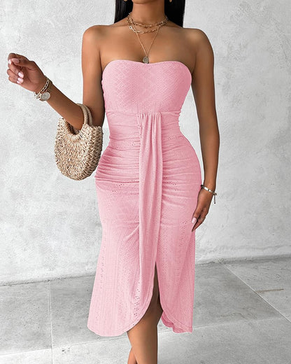CHICME Women's Strapless Bodycon Maxi Dress Asymmetrical Hem | Ruched Wrap Detail, Eyelet Embroidery, Soft Stretch Fabric, Tube Top Neckline, Beach Vacation Wear, Wedding Guest Outfit