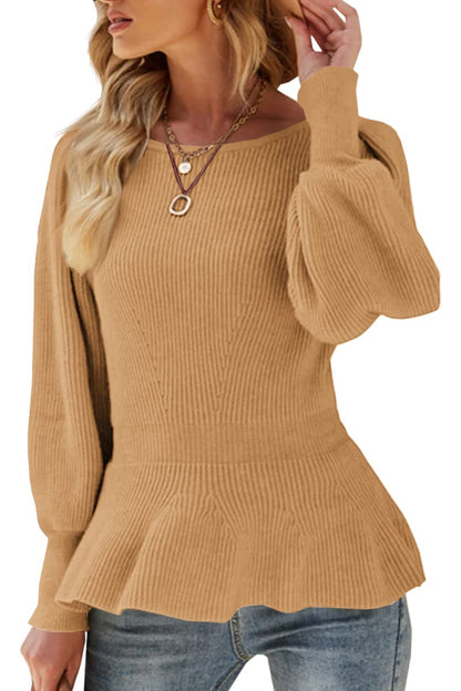 Womens Fall Puff Sleeve Peplum Casual Slim Fit Knit Pullover Sweater