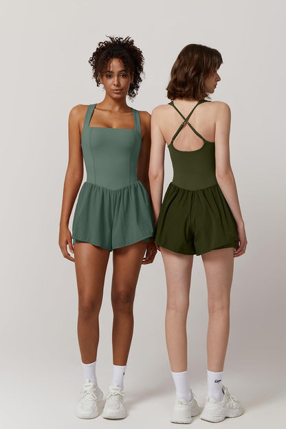 QINSEN Women's Square Neck Sleeveless Romper Jumpsuit
