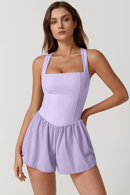 QINSEN Women's Square Neck Sleeveless Romper Jumpsuit