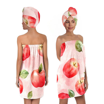 Strawberry Print Bath Wrap and Hair Drying Towel Set – Microfiber Quick Dry Shower Body Wrap for Women, Absorbent Spa Skirt with Elastic Band and Cute Bow Design (Strawberry 1)