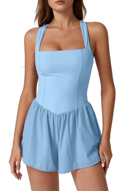 QINSEN Women's Square Neck Sleeveless Romper Jumpsuit