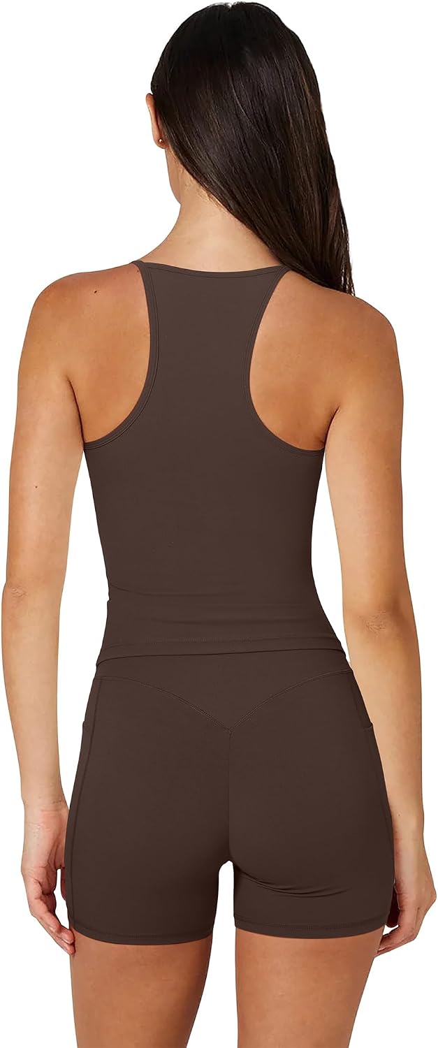 OMKAGI Racerback Workout Tops for Women Built in Bra Cute Open Back V Neck Longline Sports Bra Top