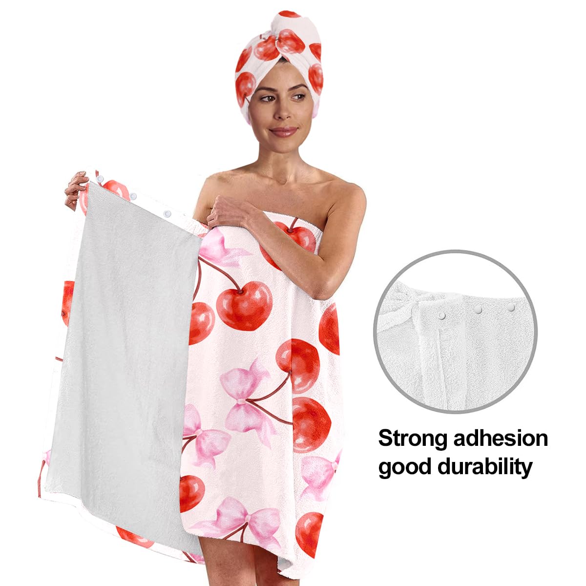 Strawberry Print Bath Wrap and Hair Drying Towel Set – Microfiber Quick Dry Shower Body Wrap for Women, Absorbent Spa Skirt with Elastic Band and Cute Bow Design (Strawberry 1)