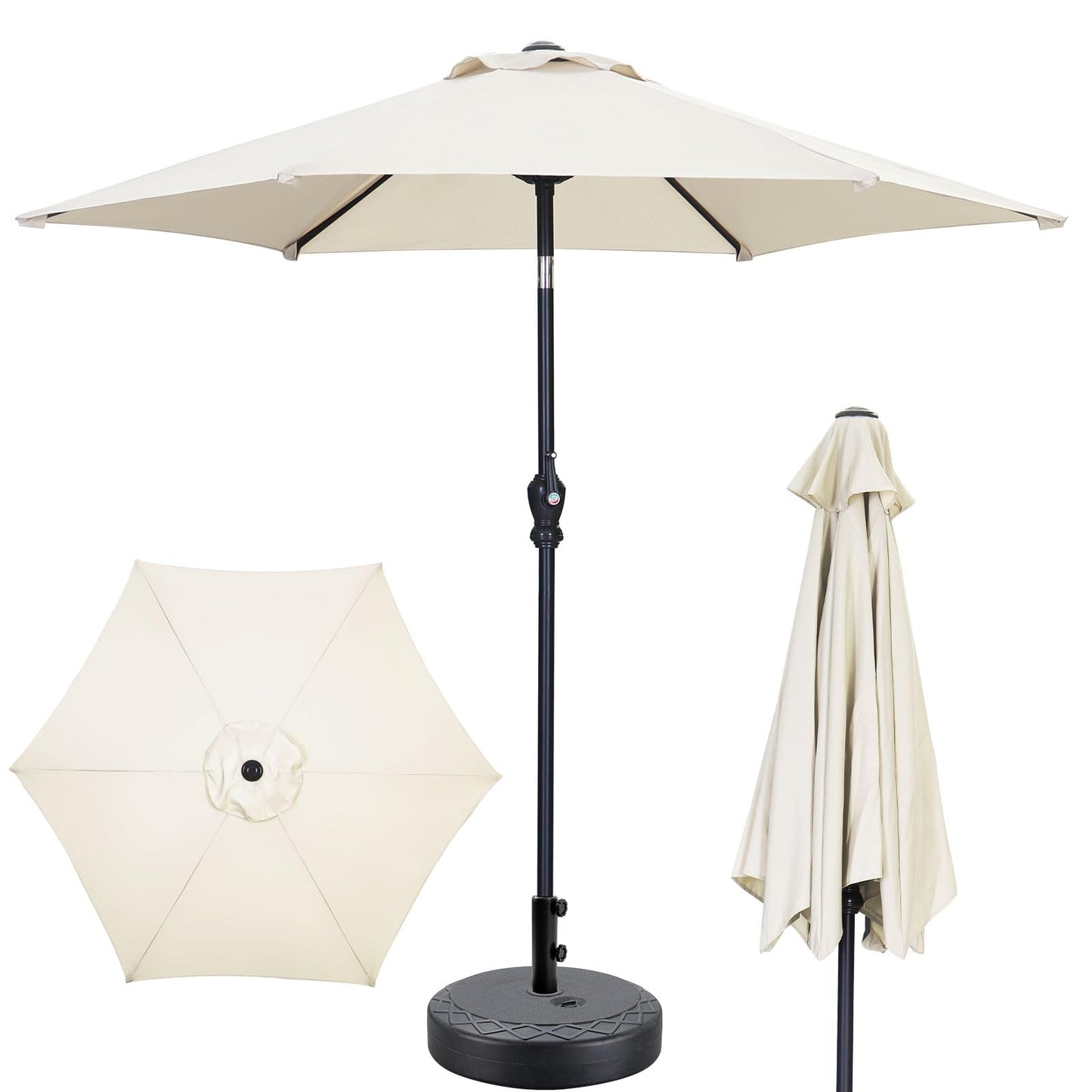 GDY 7.5ft Tassel Patio Umbrella and Matching Base, Outdoor Table Umbrella with 18 LED Lights,Market Umbrella with 6 Sturdy Ribs, with Push Button Tilt and Crank, Bright White