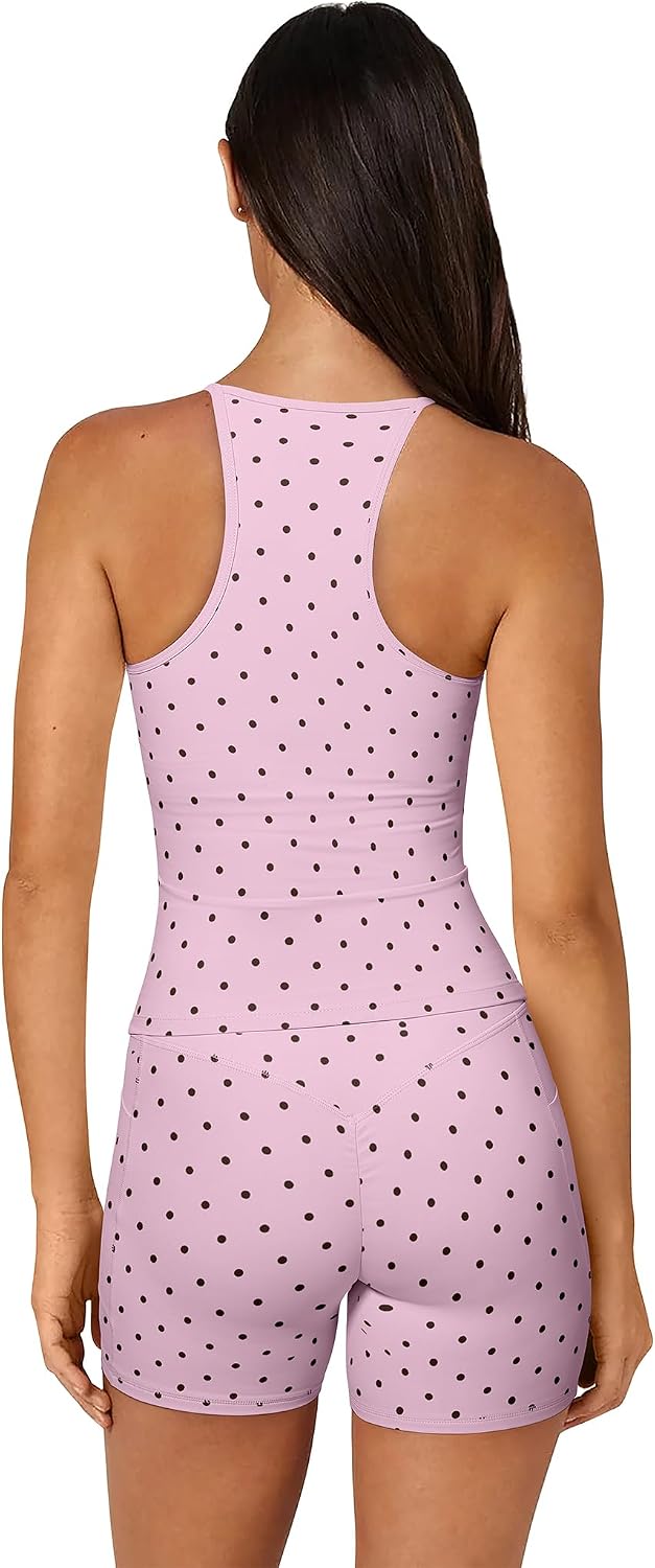 OMKAGI Racerback Workout Tops for Women Built in Bra Cute Open Back V Neck Longline Sports Bra Top